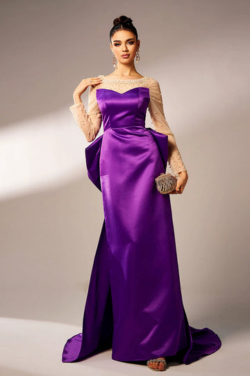 Violet foncé sirène illusion col manches longues perles satin robe formelle avec noeud